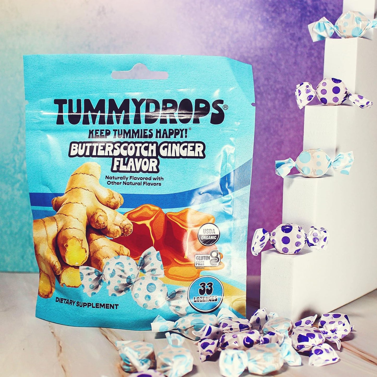 Organic Butterscotch Ginger Tummydrops - Gluten Free & Vegan Lozenges - 33 USDA Organic Ginger Flavored Drops