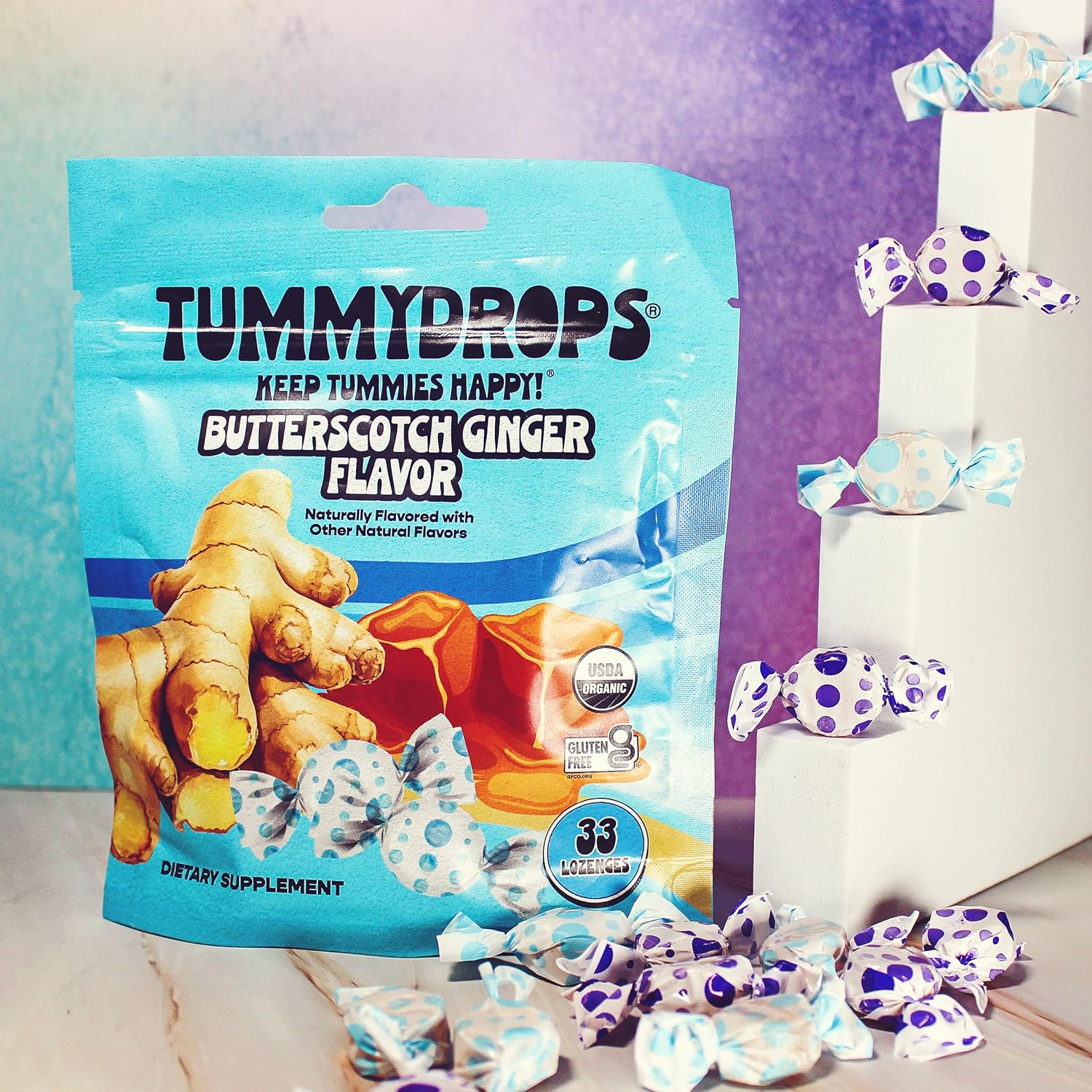 Organic Butterscotch Ginger Tummydrops - Gluten Free & Vegan Lozenges - 33 USDA Organic Ginger Flavored Drops