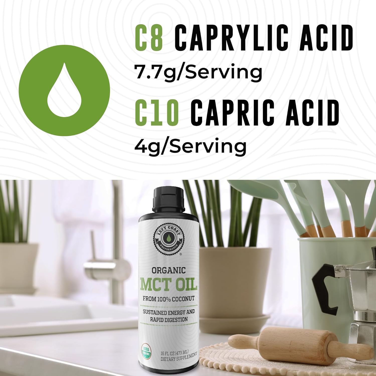 Organic C10 C8 MCT Oil for Mental Energy & Focus Support - Vegan Keto & Paleo Friendly - Non-GMO - 16 Fl Oz
