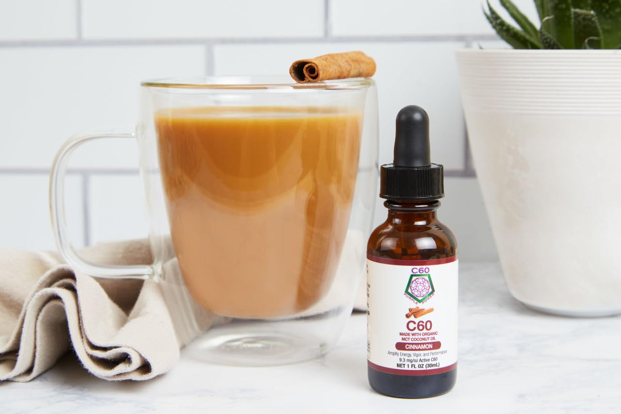 Organic C60 Purple Power Cinnamon Flavored MCT Coconut Oil - Travel Size - Cold-Pressed - 99.99% Pure Carbon Fullerenes - Energy & Focus - 1oz