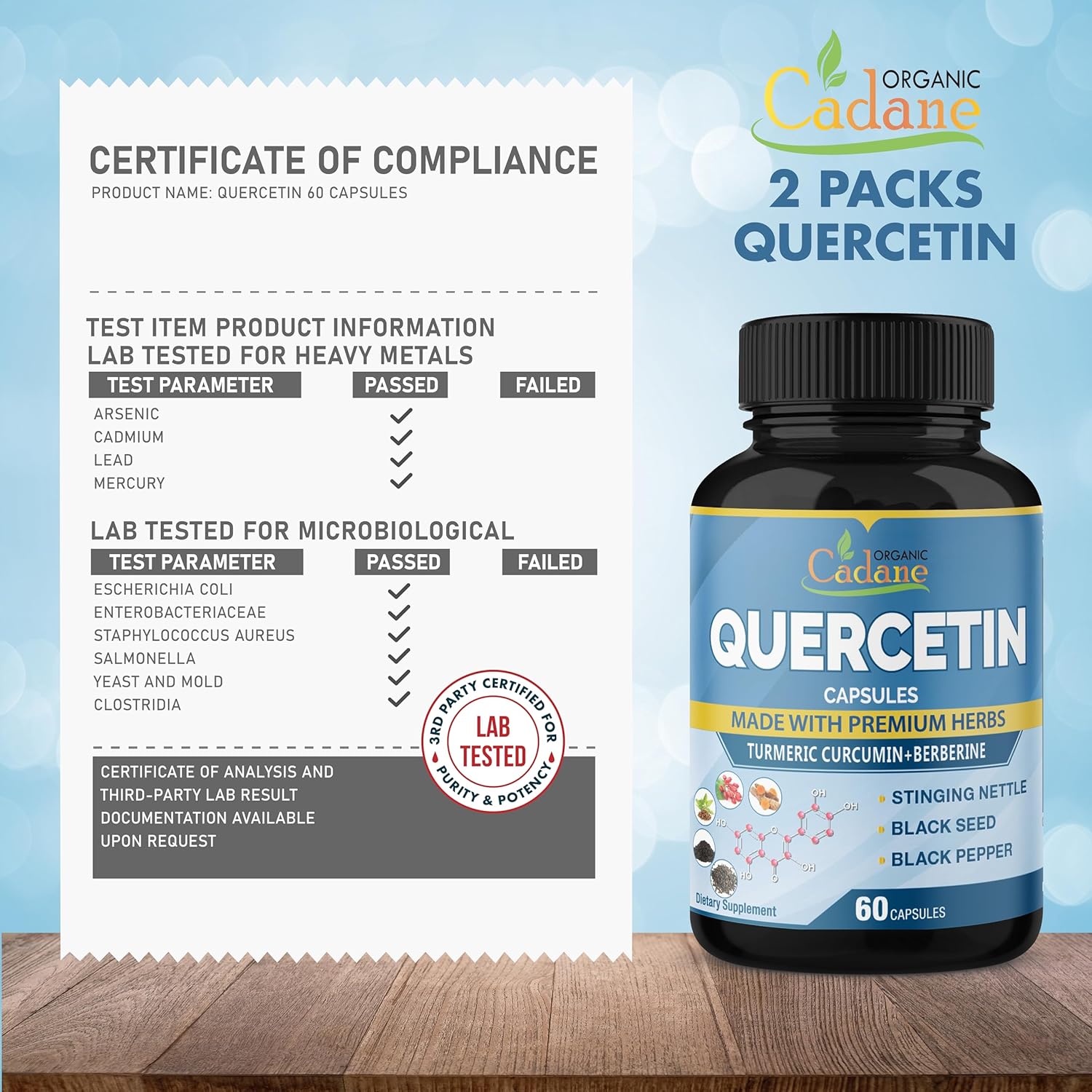 Organic Cadane Quercetin Supplement Capsules with Turmeric & Berberine - Immune System Support - 4 Month Supply