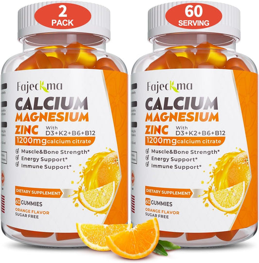 Organic Calcium Magnesium Zinc Gummies - 1200mg Calcium Citrate with Vitamin D3 K3 - Sugar Free Supplement for Adults & Kids - 120 Count