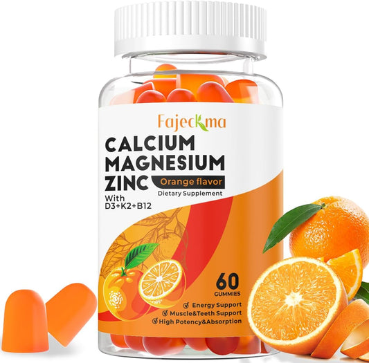 Organic Calcium Magnesium Zinc Gummies for Adults - High Absorption Supplement with D3 B12 - Sugar-Free (60 Count)