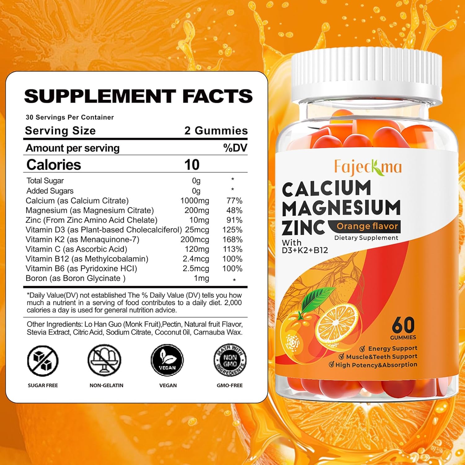 Organic Calcium Magnesium Zinc Gummies for Adults - High Absorption Supplement with D3 B12 - Sugar-Free (60 Count)