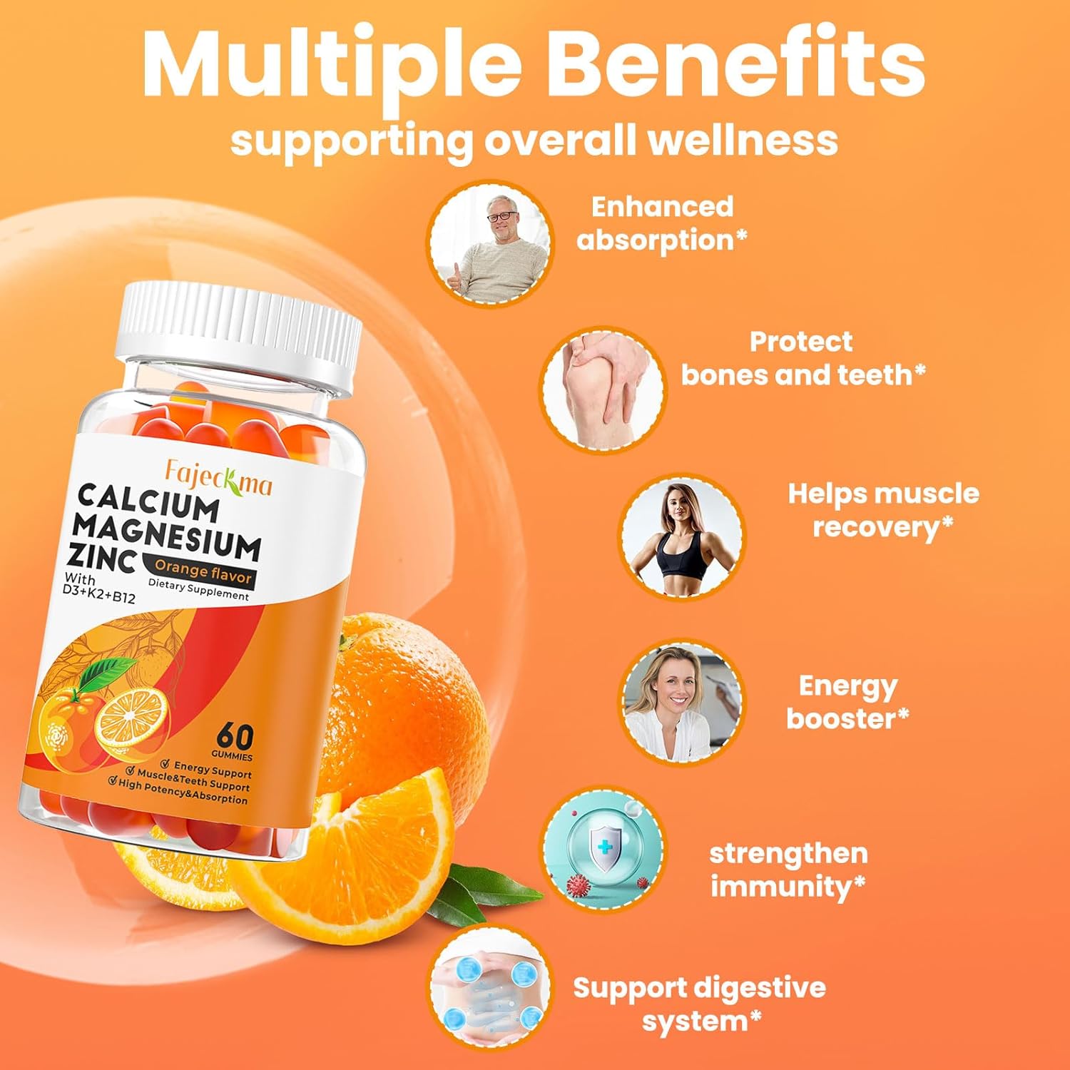 Organic Calcium Magnesium Zinc Gummies for Adults - High Absorption Supplement with D3 B12 - Sugar-Free (60 Count)