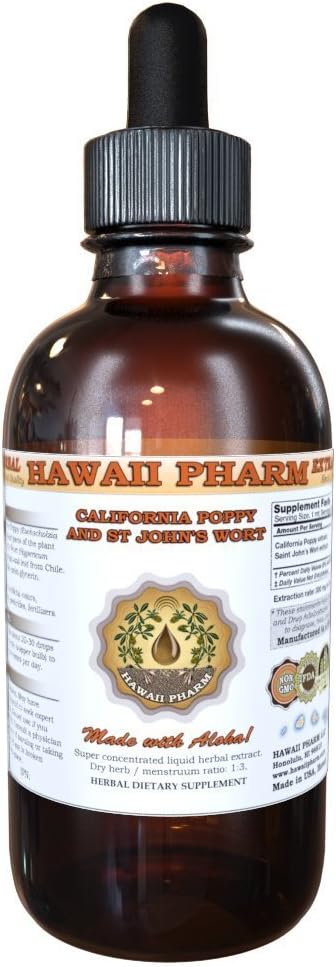 Organic California Poppy and St John's Wort Liquid Extract Tincture Supplement - 4 oz Bottle by Hawaii Pharm
