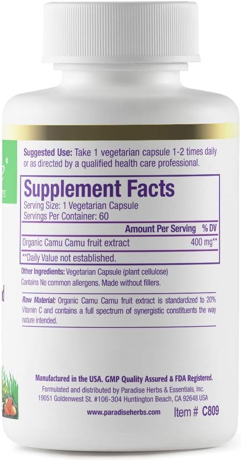 Organic Camu Camu Extract Capsules - 400mg, High Vitamin C Content, Pure & Potent, Gluten Free, Non-GMO, Vegan - 60 Count