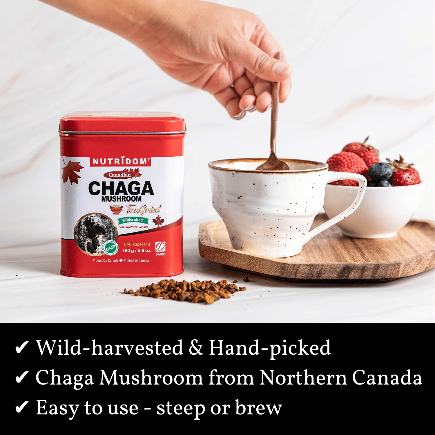 Organic Canadian Chaga Mushroom Tea Grind, Wild-Harvested and Hand-Picked, 160 g Pack