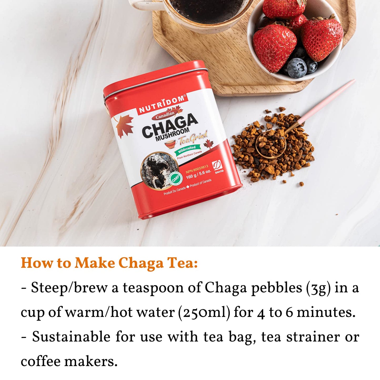 Organic Canadian Chaga Mushroom Tea Grind, Wild-Harvested and Hand-Picked, 160 g Pack