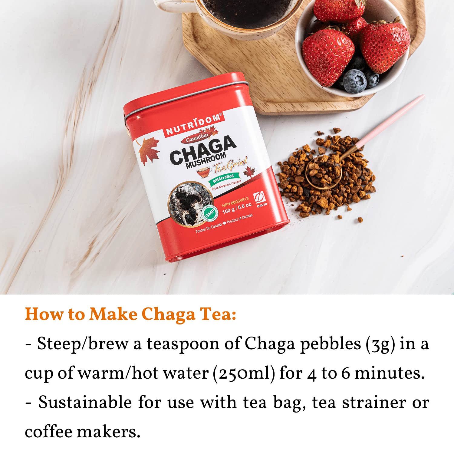 Organic Canadian Chaga Mushroom Tea Grind, Wild-Harvested and Hand-Picked, 160 g Pack