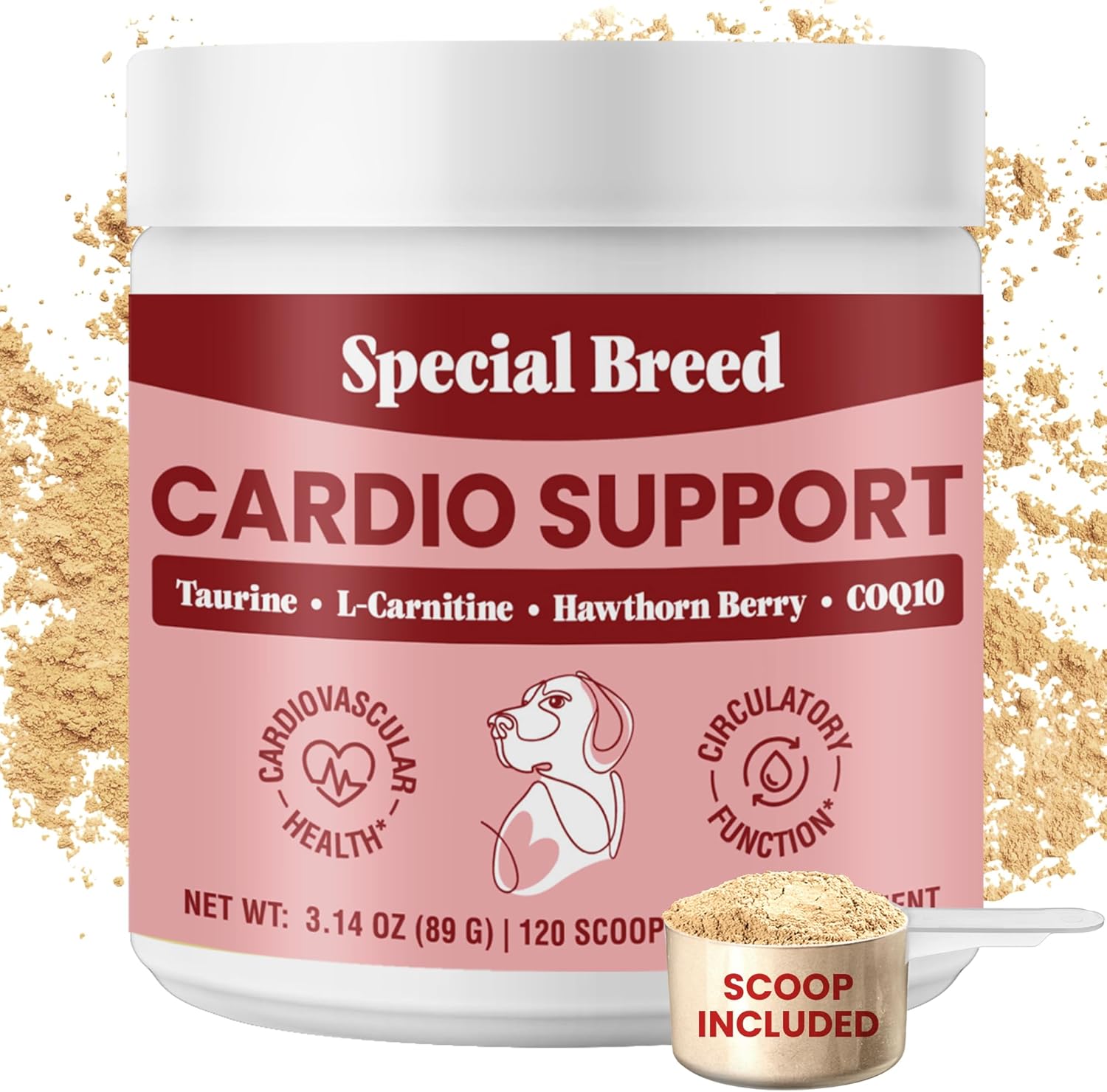 Organic Cardio Support Powder Supplement for Dogs - Heart Health with Taurine & CoQ10, 120 Scoops