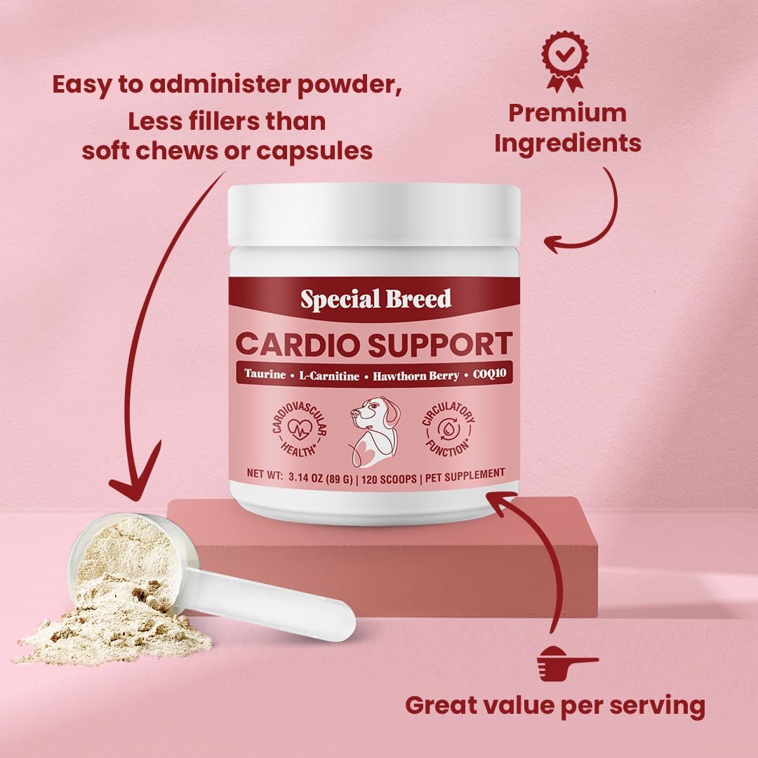 Organic Cardio Support Powder Supplement for Dogs - Heart Health with Taurine & CoQ10, 120 Scoops