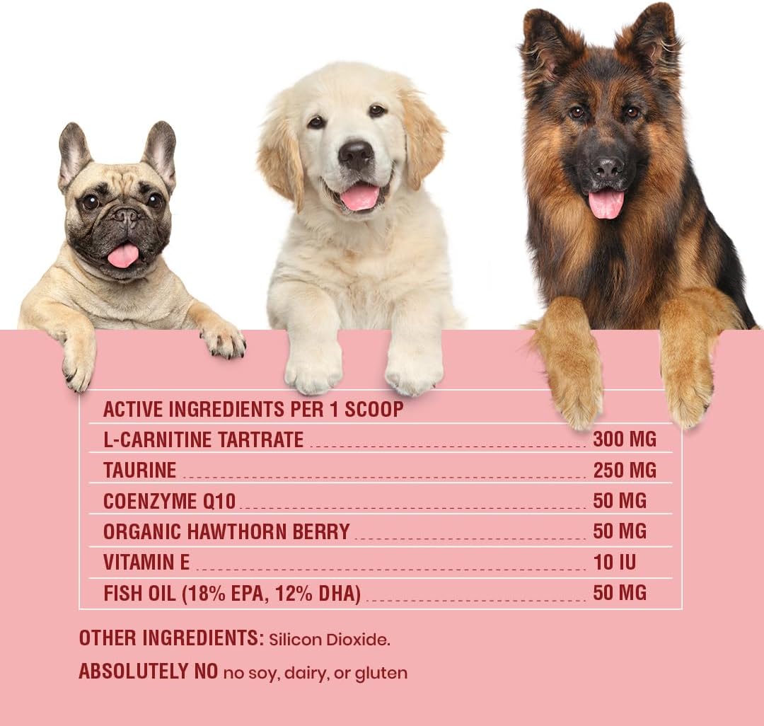 Organic Cardio Support Powder Supplement for Dogs - Heart Health with Taurine & CoQ10, 120 Scoops