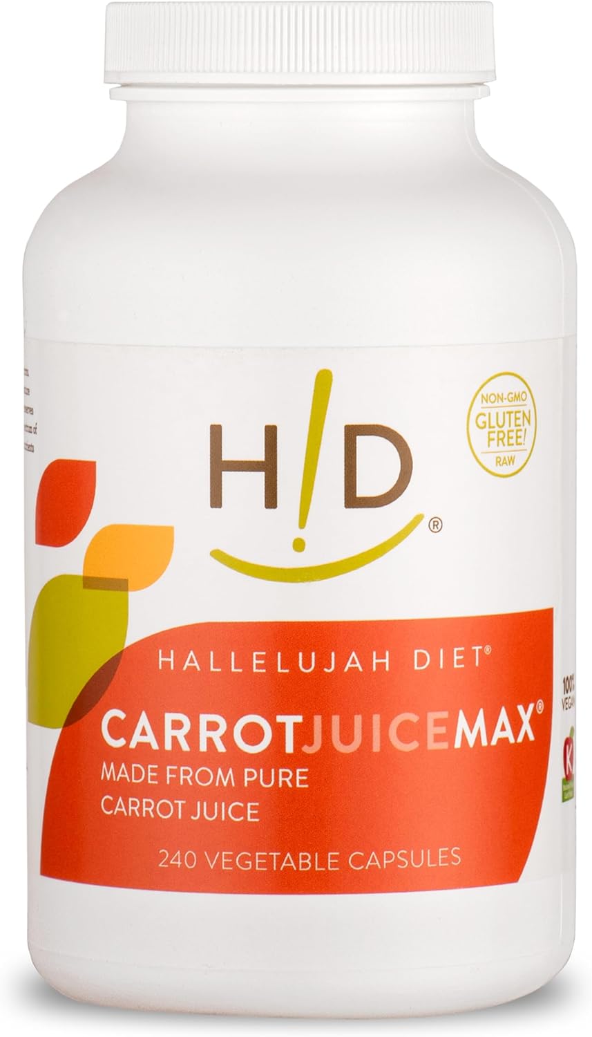 Organic Carrot Juice Capsules - Hallelujah Diet CarrotJuiceMax Veggie Caps, Natural Antioxidant Supplement with Vitamins & Minerals (240 Vegan Caps)