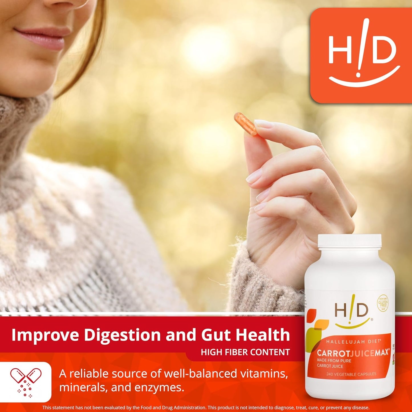 Organic Carrot Juice Capsules - Hallelujah Diet CarrotJuiceMax Veggie Caps, Natural Antioxidant Supplement with Vitamins & Minerals (240 Vegan Caps)