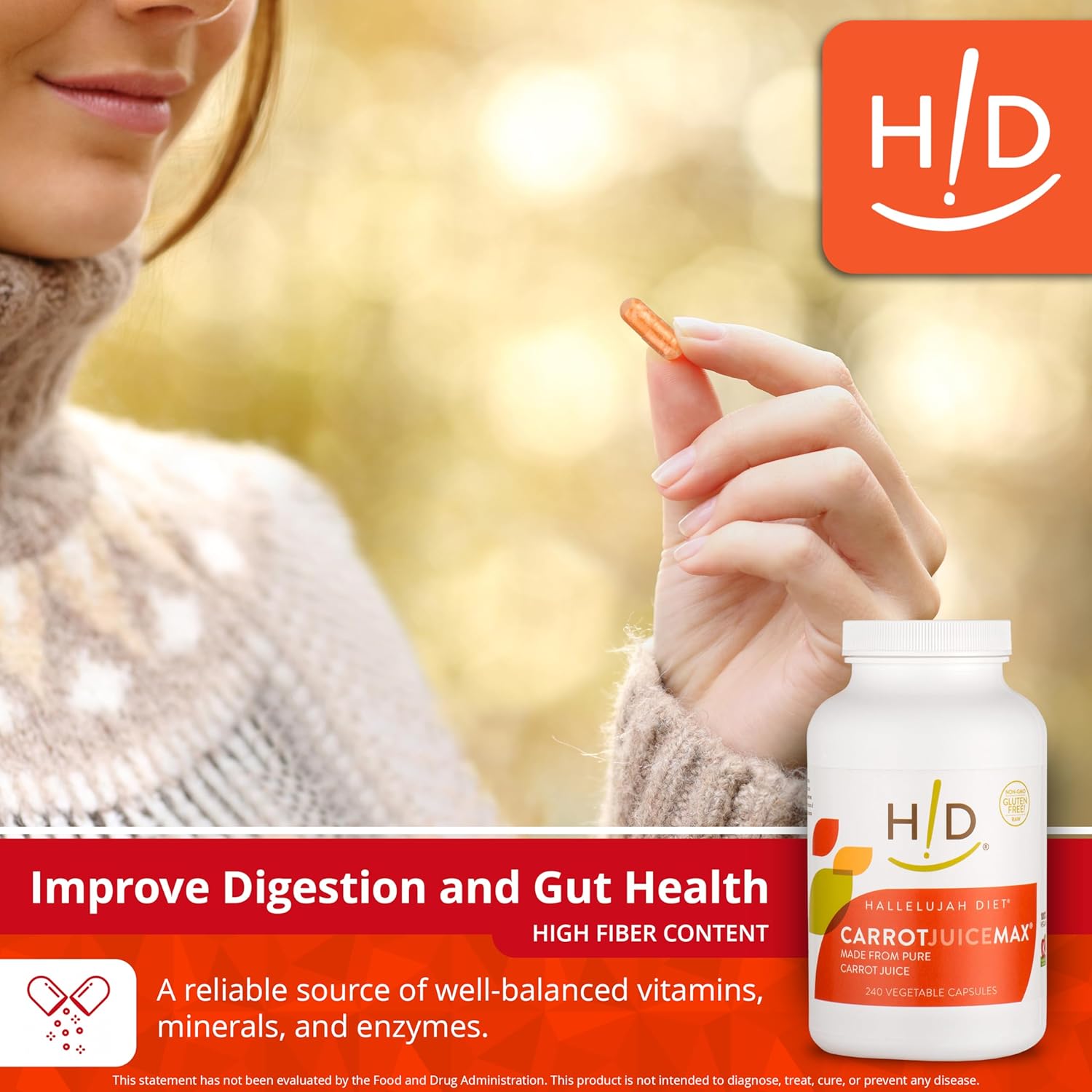 Organic Carrot Juice Capsules - Hallelujah Diet CarrotJuiceMax Veggie Caps, Natural Antioxidant Supplement with Vitamins & Minerals (240 Vegan Caps)