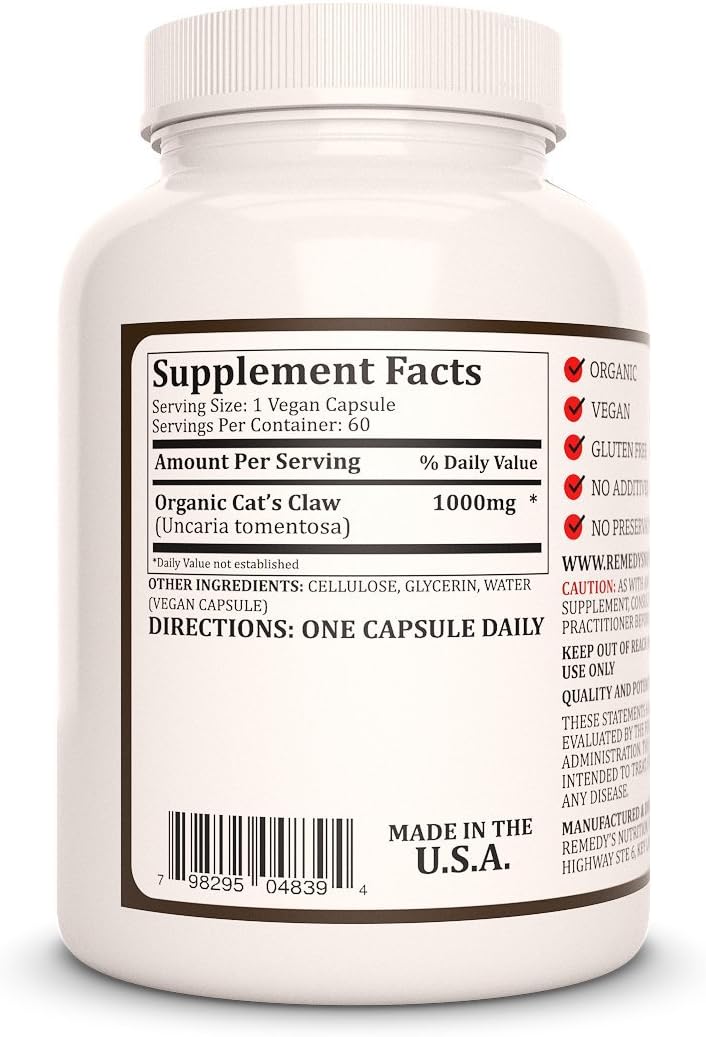 Organic Cat’s Claw Bark & Root Capsules - 1,000mg, 60 Count | Herbal Dietary Supplement for Immune Support | Vegan, Non-GMO, Gluten-Free | Two Month Supply