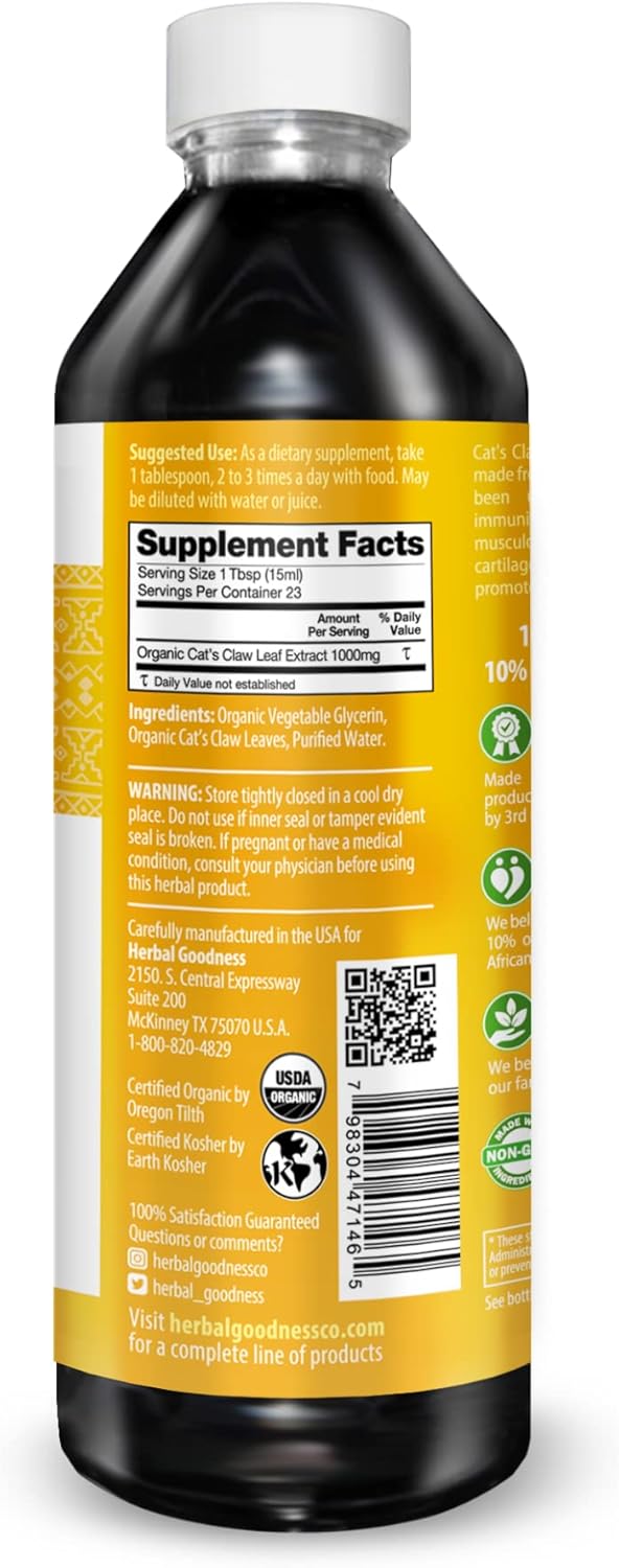 Organic Cat's Claw Liquid Extract for Digestive, Joint, Muscle, Immune, and Heart Support - Superior Absorption - 12oz - Made in USA