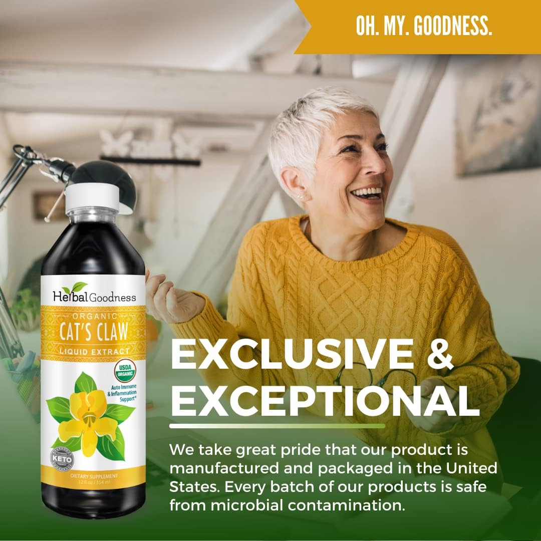 Organic Cat's Claw Liquid Extract for Digestive, Joint, Muscle, Immune, and Heart Support - Superior Absorption - 12oz - Made in USA