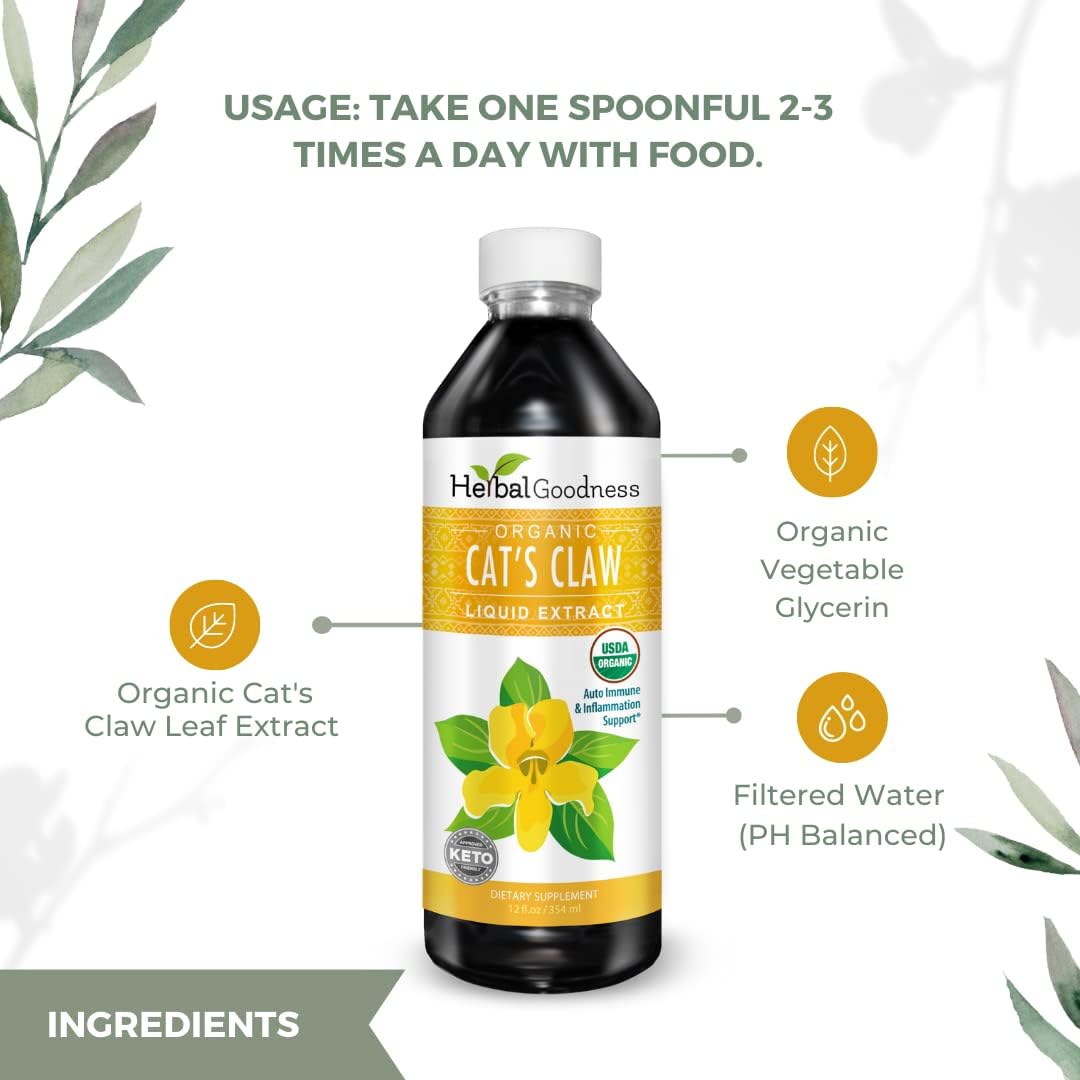 Organic Cat's Claw Liquid Extract for Digestive, Joint, Muscle, Immune, and Heart Support - Superior Absorption - 12oz - Made in USA