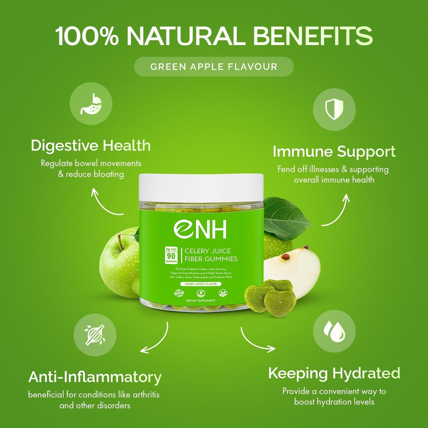 Organic Celery Juice Fiber Gummies - Daily Detox & Wellness Boost with Prebiotic Fiber & Chlorophyll (90 Count)