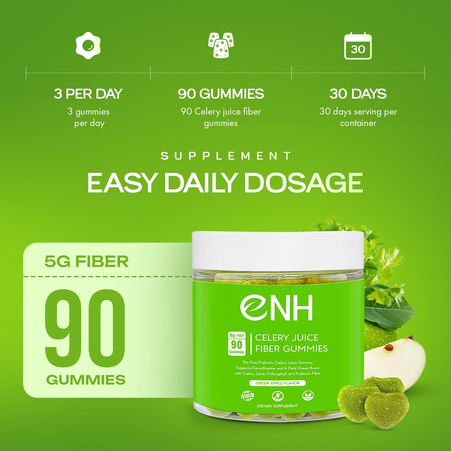 Organic Celery Juice Fiber Gummies - Daily Detox & Wellness Boost with Prebiotic Fiber & Chlorophyll (90 Count)