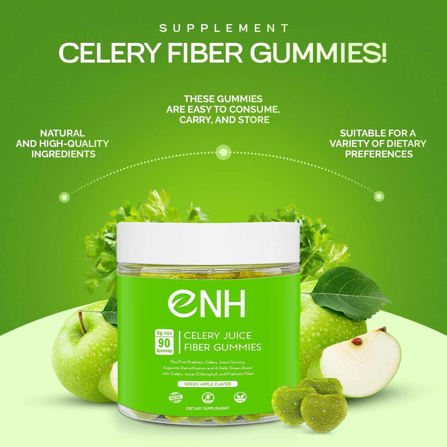 Organic Celery Juice Fiber Gummies - Daily Detox & Wellness Boost with Prebiotic Fiber & Chlorophyll (90 Count)