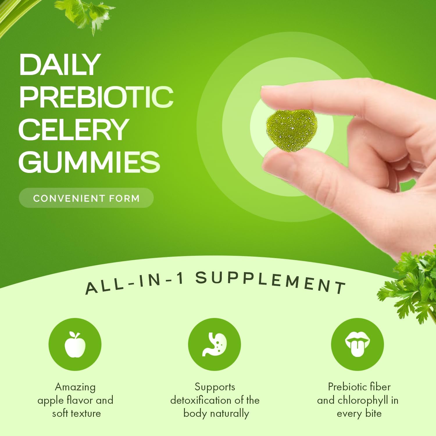 Organic Celery Juice Fiber Gummies - Daily Detox & Wellness Boost with Prebiotic Fiber & Chlorophyll (90 Count)
