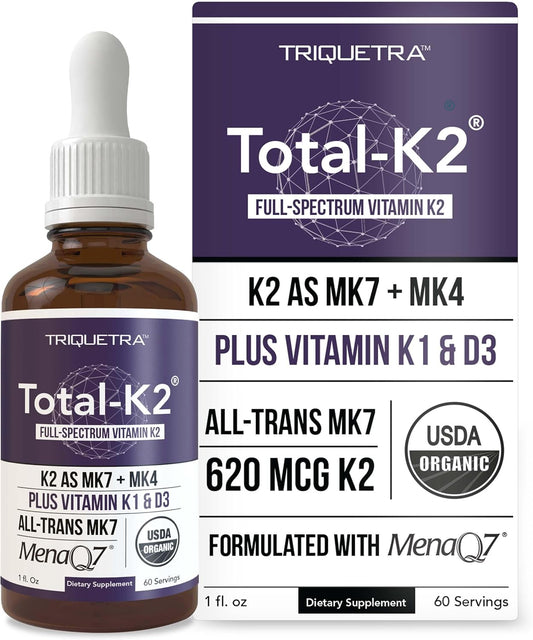 Organic Certified Vitamin K2 Supplement with Vitamin D3 Cofactor - All-Trans MK7 & MK4 - 620 mcg K2 per Serving - Vegan Liquid Formula - 1 oz