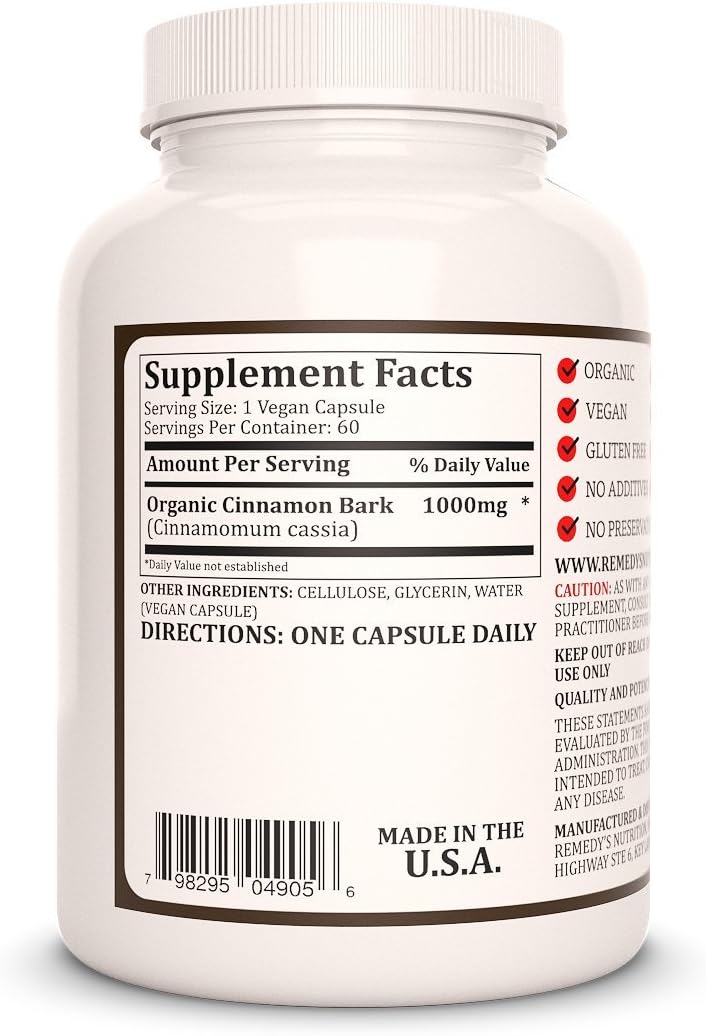 Organic Ceylon Cinnamon Bark Capsules | 1,000mg, 60 Vegan Pills | Herbal Supplement | Two Month Supply | Non-GMO, Gluten/Dairy Free