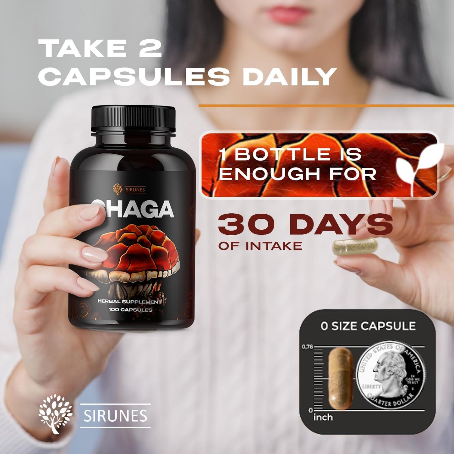 Organic Chaga Mushroom Capsules - 100 Count, 1000mg Natural Antioxidant Immune Support Supplement