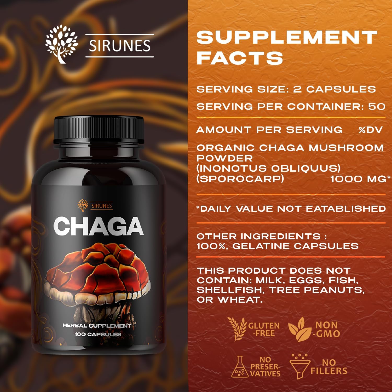 Organic Chaga Mushroom Capsules - 100 Count, 1000mg Natural Antioxidant Immune Support Supplement