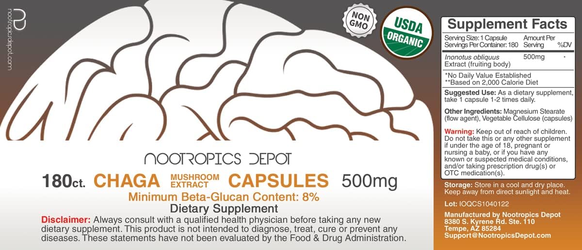 Organic Chaga Mushroom Capsules | 500mg | 180 Count | Premium Quality Supplement