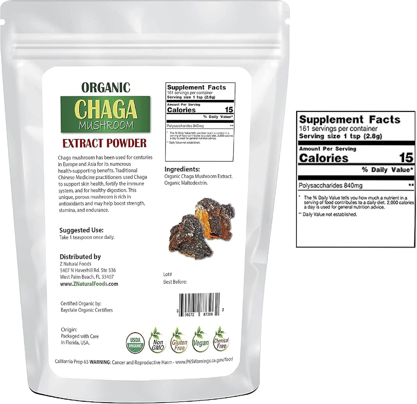 Organic Chaga Mushroom Extract Powder - Premium Immune Health Support for Coffee and Tea - 1 lb