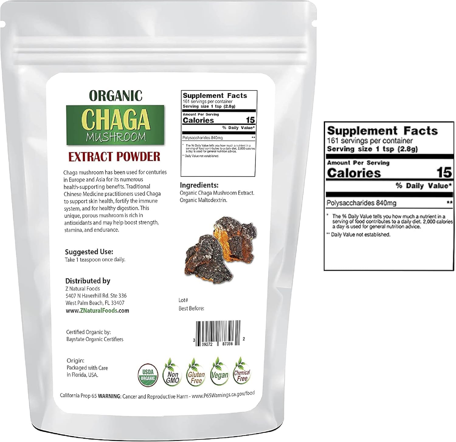 Organic Chaga Mushroom Extract Powder - Premium Immune Health Support for Coffee and Tea - 1 lb