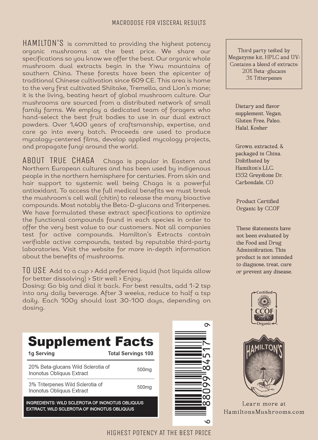 Organic Chaga Mushroom Extract Powder | Immune Support, Skin & Hair Health | High Potency | 30% Beta Glucans | No Additives | GF, Non-GMO, Vegan | 100g