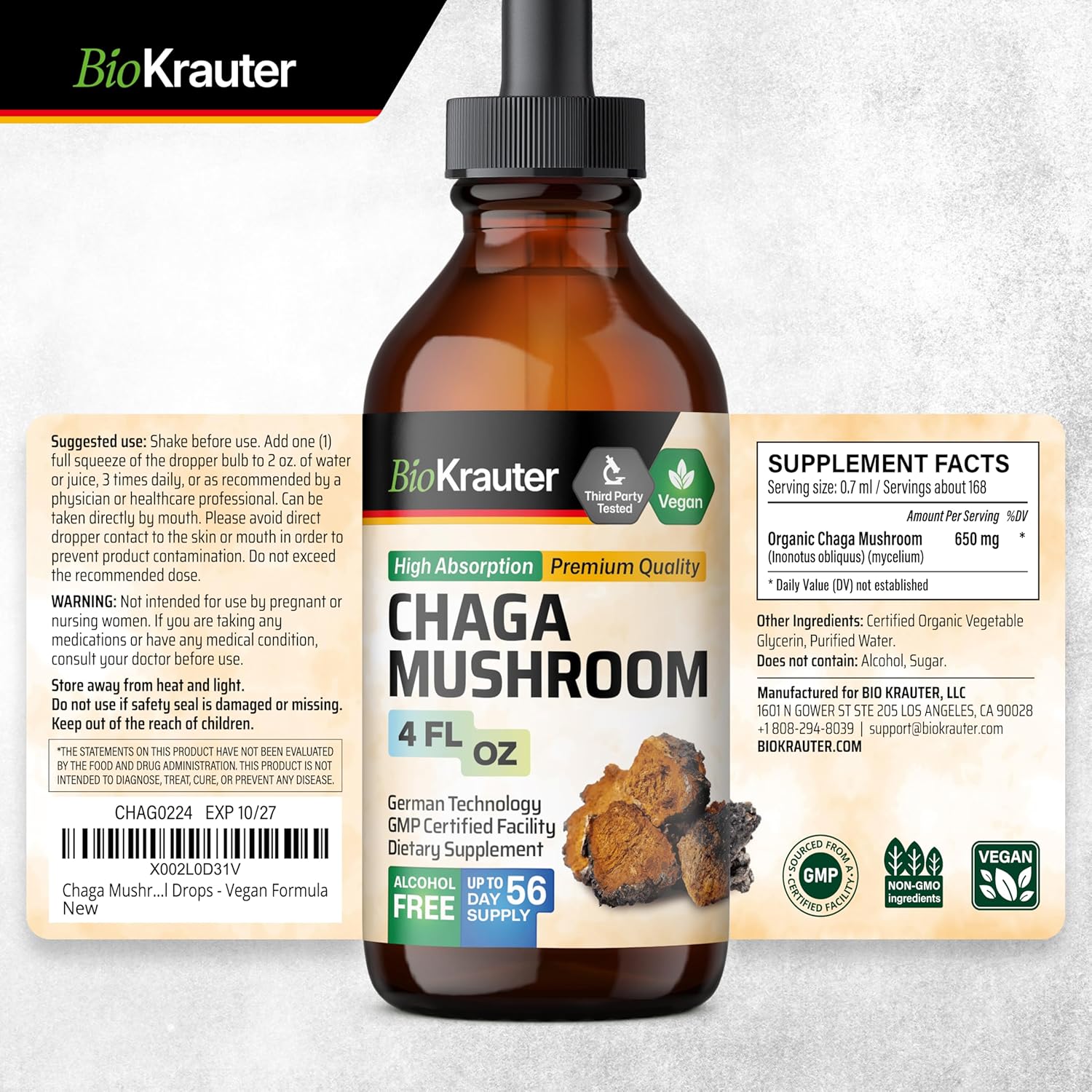 Organic Chaga Mushroom Extract Tincture - Immune Support Drops - Vegan & Sugar Free - 4 Fl.Oz.