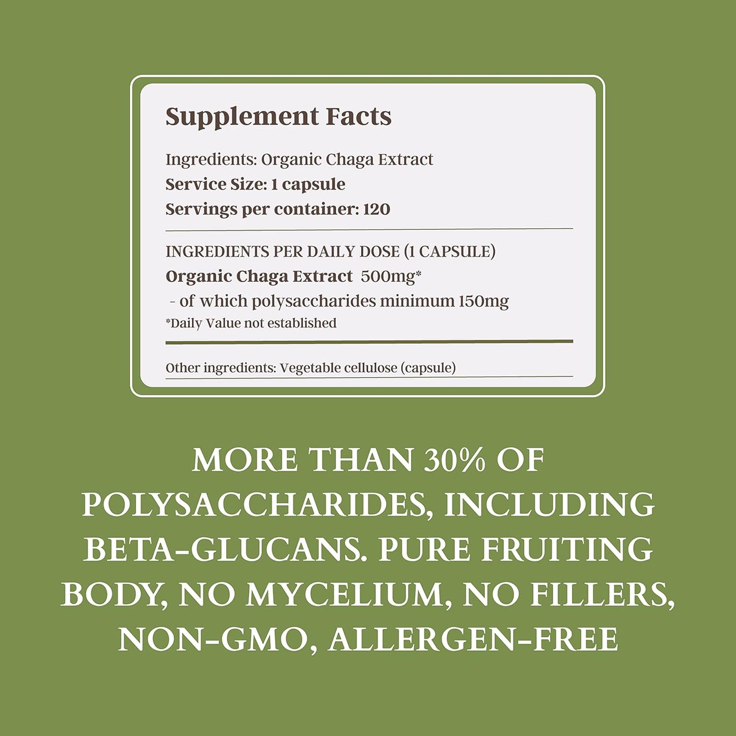 Organic Chaga Mushroom Supplement - Dual Extract, 30% Polysaccharides, 500mg, 120 Vegecaps. Supports Digestive, Immune, & Heart Health.