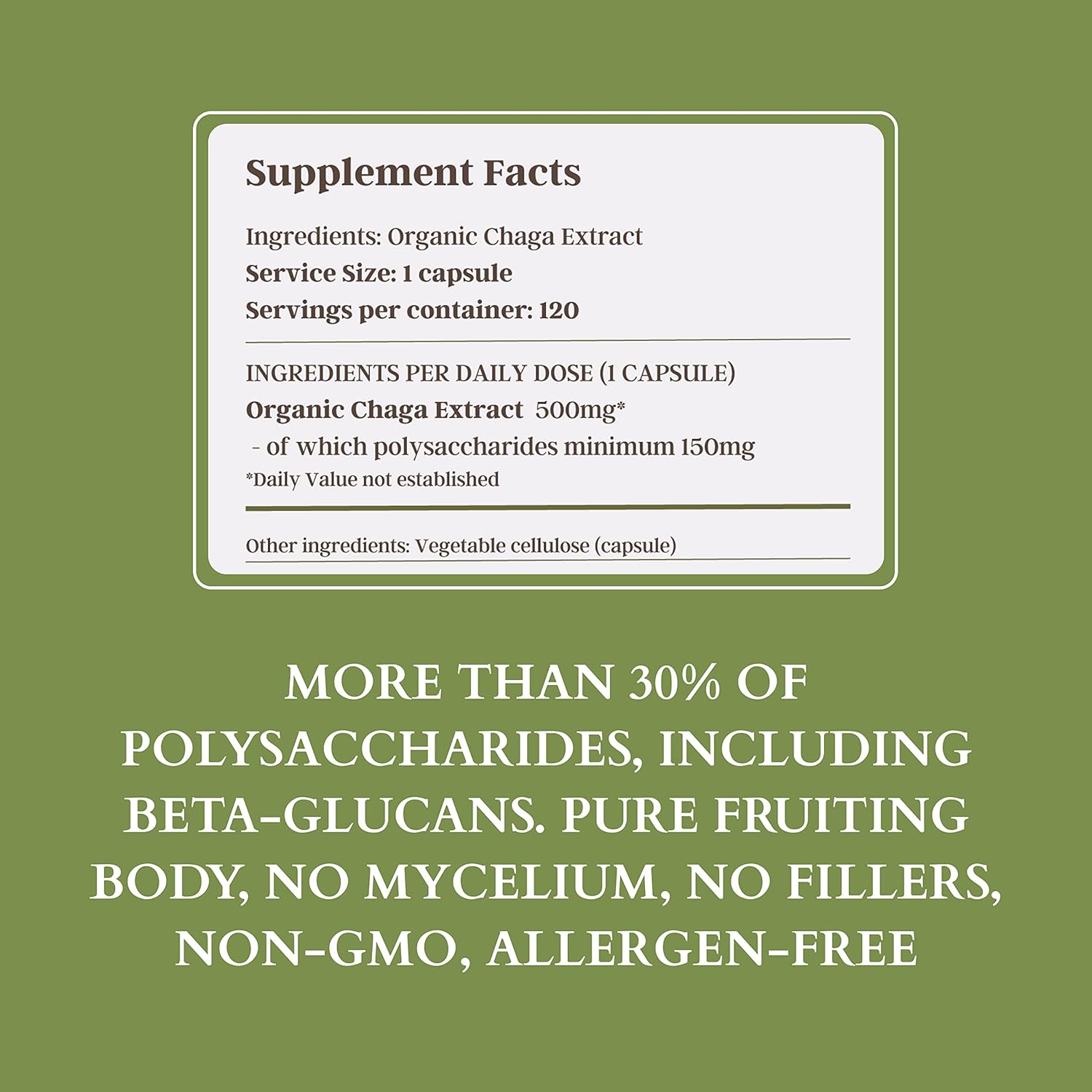 Organic Chaga Mushroom Supplement - Dual Extract, 30% Polysaccharides, 500mg, 120 Vegecaps. Supports Digestive, Immune, & Heart Health.