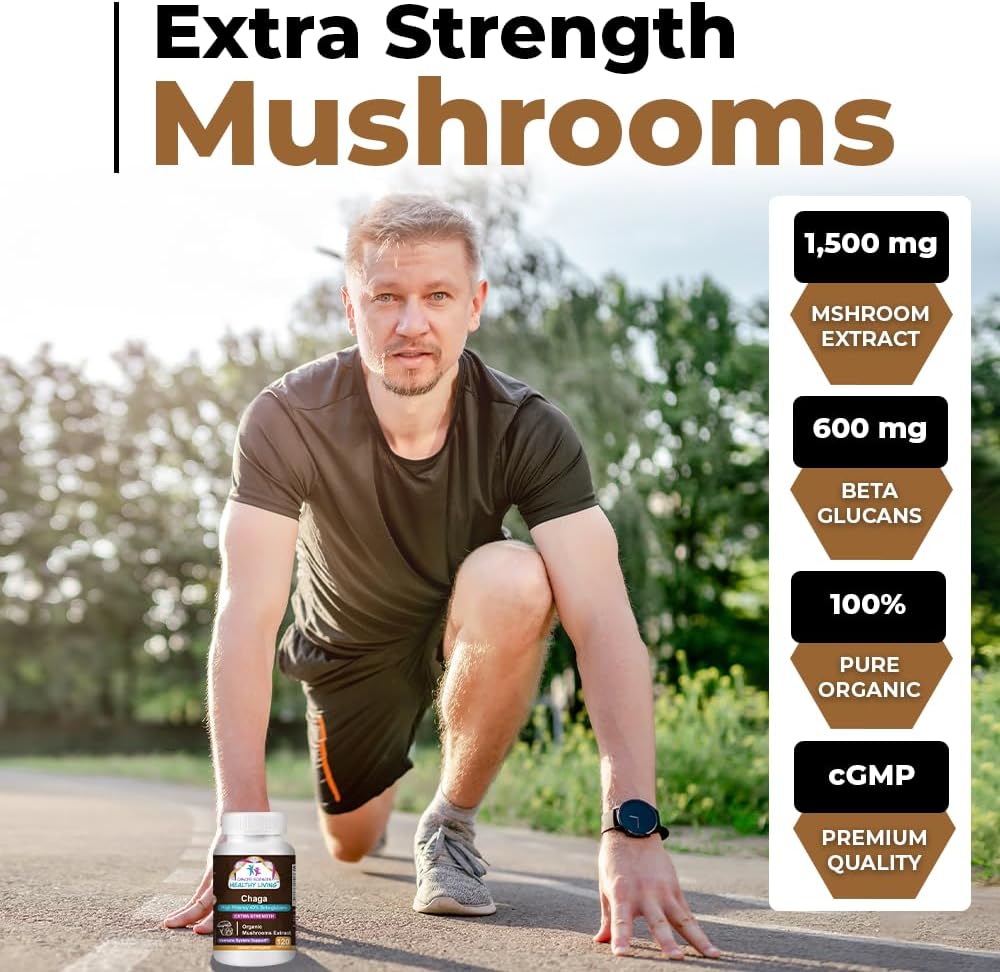 Organic Chaga Mushroom Supplement - High Potency Immune Support and Antioxidant - 1,500mg Extract with 40% Beta-Glucans - Gut Health - 120 Capsules