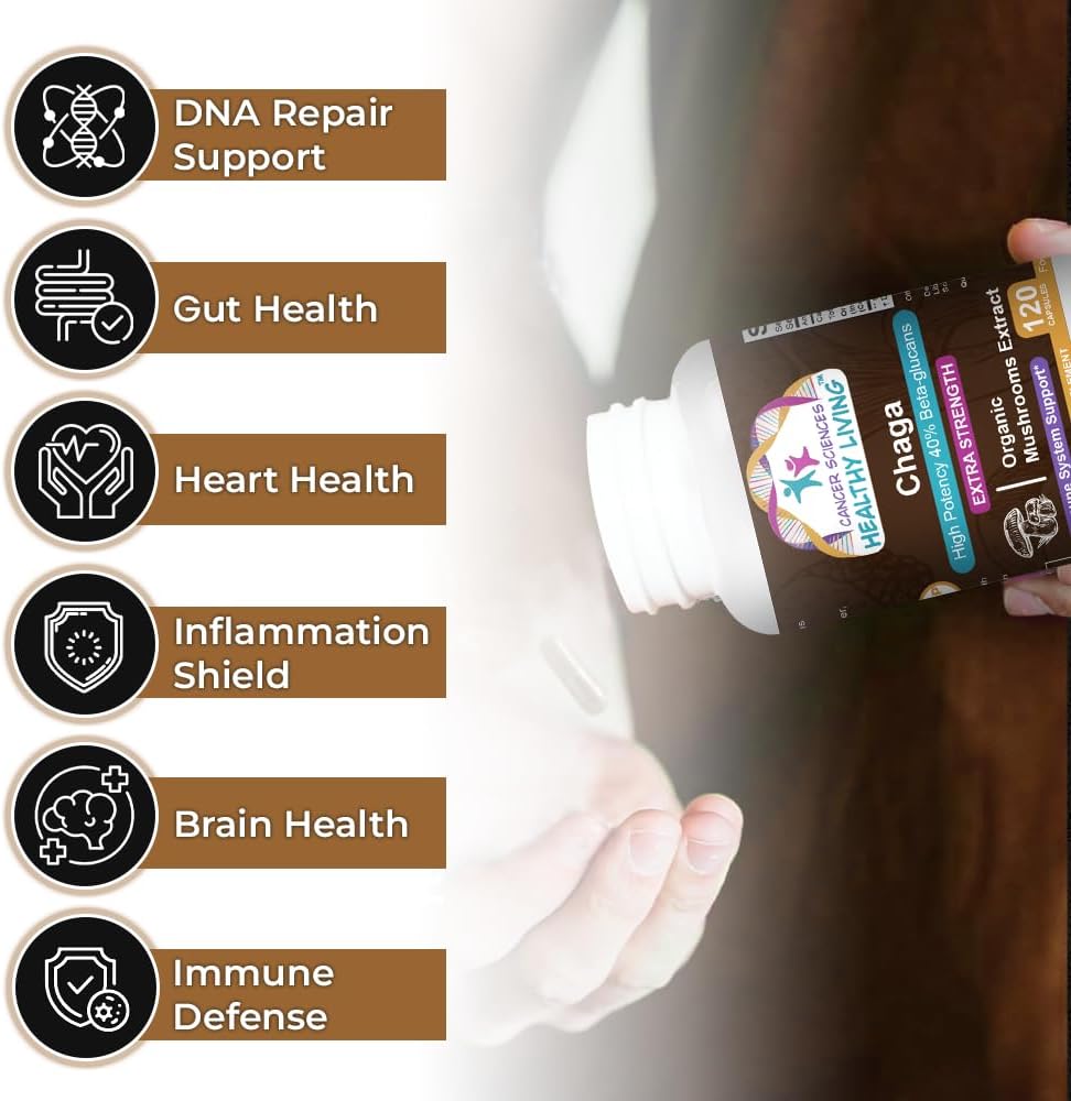 Organic Chaga Mushroom Supplement - High Potency Immune Support and Antioxidant - 1,500mg Extract with 40% Beta-Glucans - Gut Health - 120 Capsules