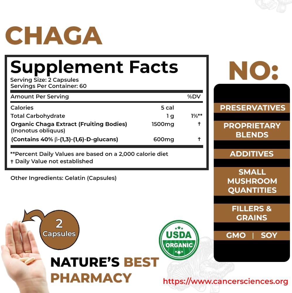 Organic Chaga Mushroom Supplement - High Potency Immune Support and Antioxidant - 1,500mg Extract with 40% Beta-Glucans - Gut Health - 120 Capsules