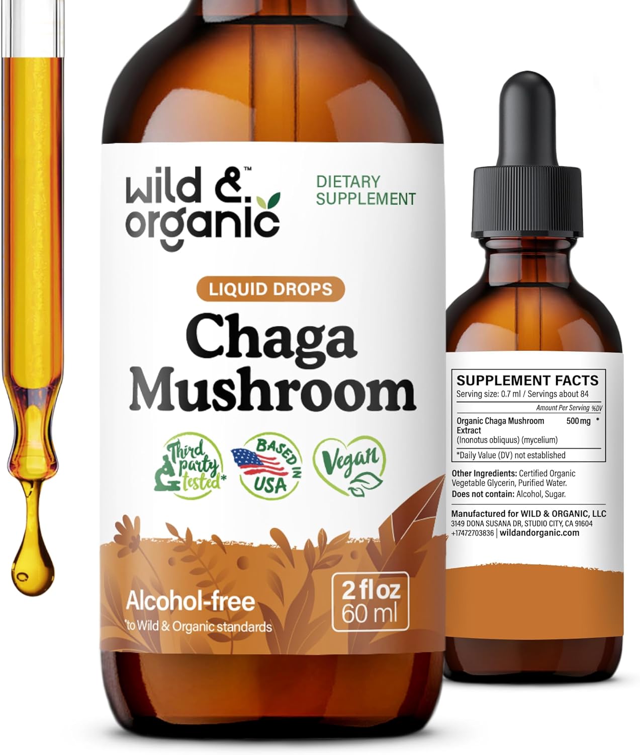 Organic Chaga Mushroom Tincture for Immune Support - Vegan Liquid Extract - Immunity Drops Supplement - Sugar & Alcohol-Free - 2 fl oz