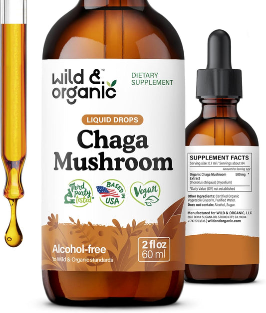 Organic Chaga Mushroom Tincture for Immune Support - Vegan Liquid Extract - Immunity Drops Supplement - Sugar & Alcohol-Free - 2 fl oz
