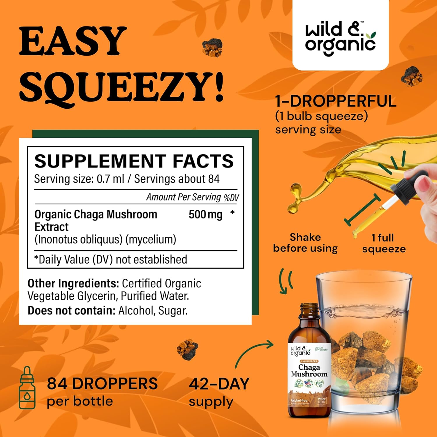 Organic Chaga Mushroom Tincture for Immune Support - Vegan Liquid Extract - Immunity Drops Supplement - Sugar & Alcohol-Free - 2 fl oz