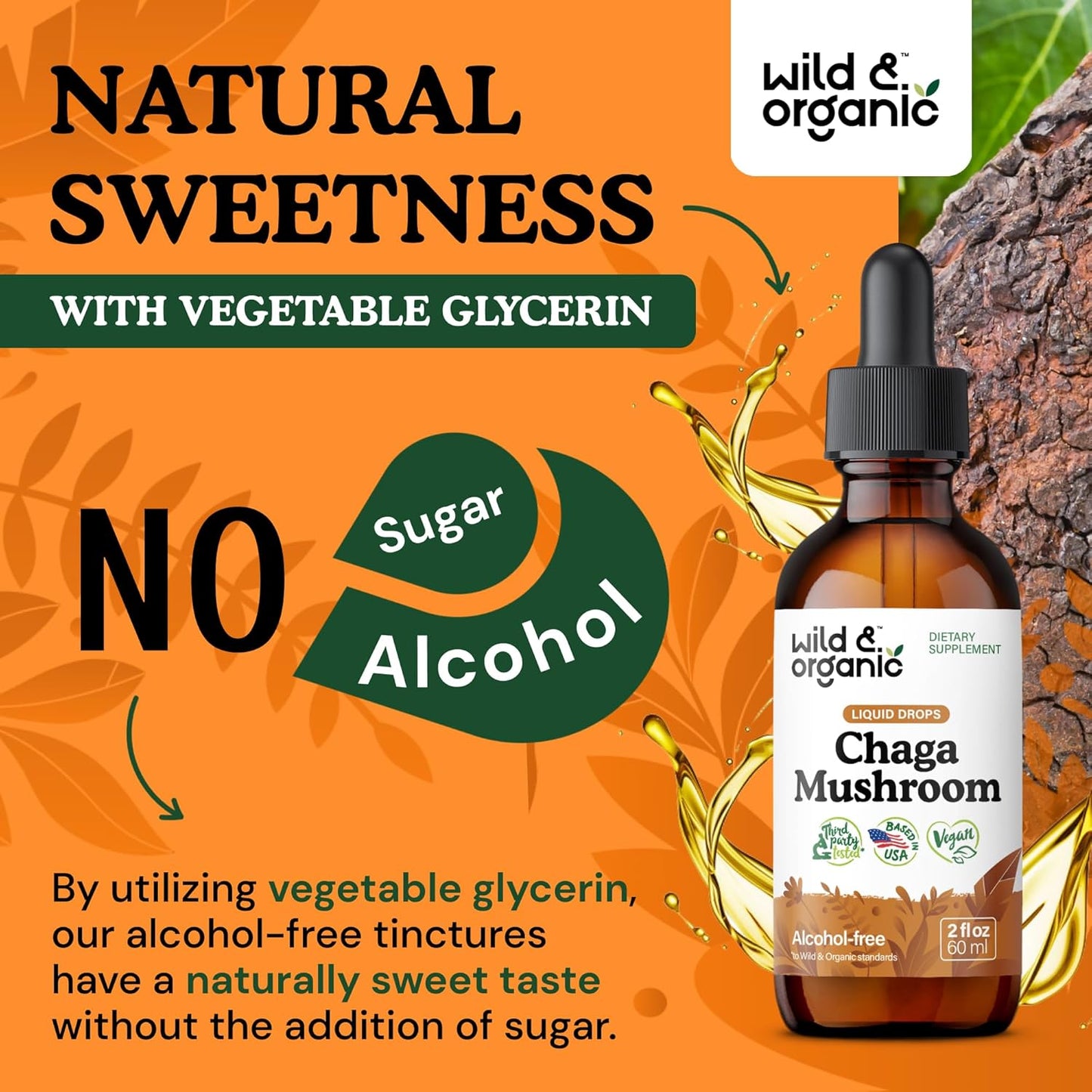 Organic Chaga Mushroom Tincture for Immune Support - Vegan Liquid Extract - Immunity Drops Supplement - Sugar & Alcohol-Free - 2 fl oz