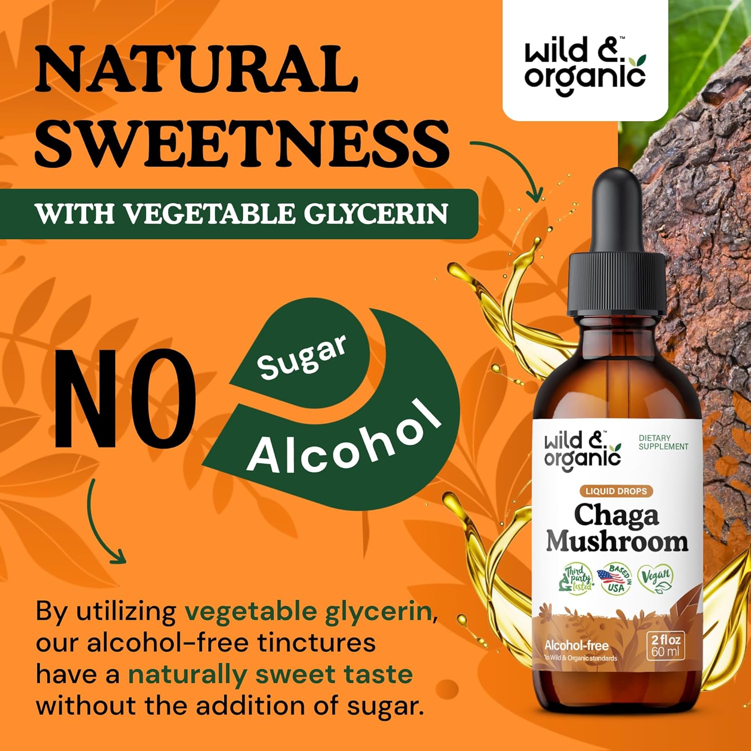 Organic Chaga Mushroom Tincture for Immune Support - Vegan Liquid Extract - Immunity Drops Supplement - Sugar & Alcohol-Free - 2 fl oz