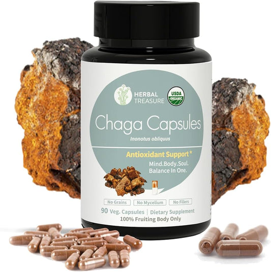 Organic Chaga Mushrooms Powder Capsules for Energy & Immune Support - 90 Caps - Herbal Treasure Herbal Supplement