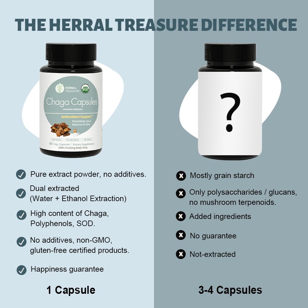 Organic Chaga Mushrooms Powder Capsules for Energy & Immune Support - 90 Caps - Herbal Treasure Herbal Supplement