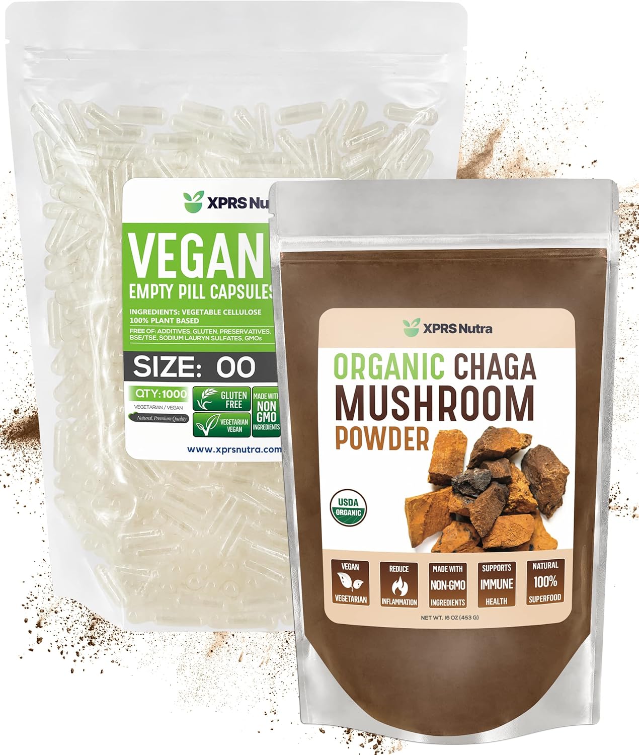 Organic Chaga Powder 16 oz with 1000 Size 00 Empty Capsules Bundle by XPRS Nutra